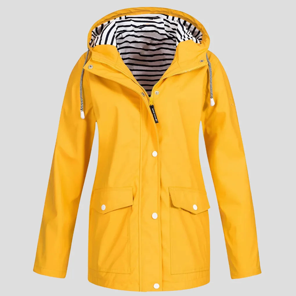 Bright yellow hooded rain jacket, front view, showing zip and popper fastening with striped inner lining