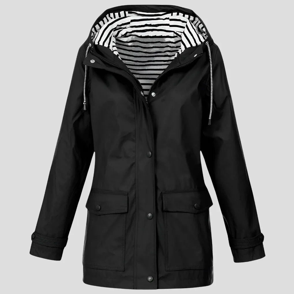 Black hooded rain jacket with drawstring hood and front patch pockets, worn look on mannequin form