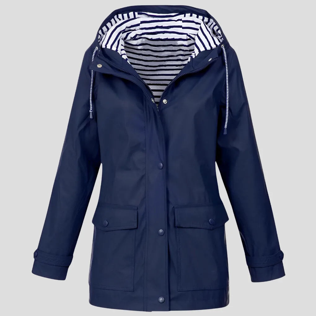 Navy blue hooded waterproof jacket with striped lining visible inside the hood and press-stud cuffs