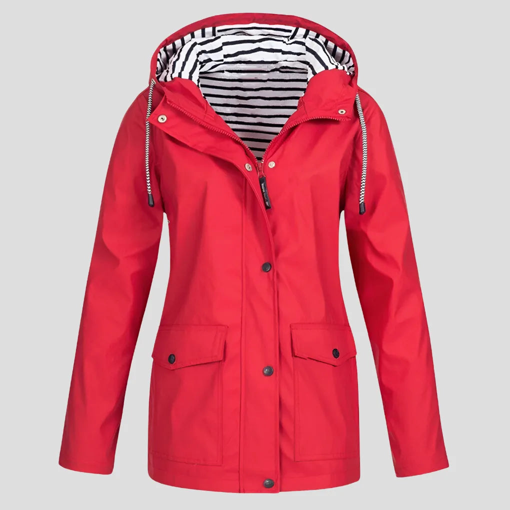 Red hooded rain jacket, fully zipped with popper storm flap and two flap-front pockets