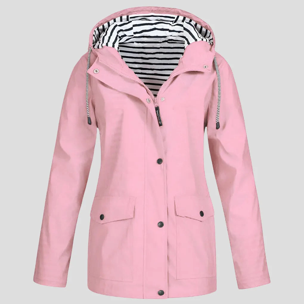 Pink hooded rain jacket with striped lining, drawcord hood and dark popper fastenings