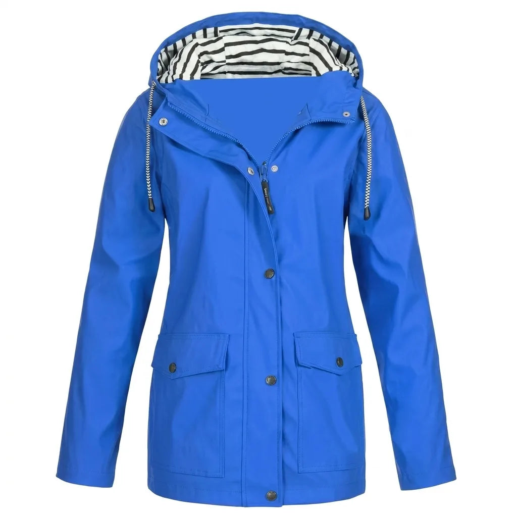 Bright blue hooded rain jacket, front view showing zip, popper placket and flap pockets