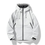 White hooded shell jacket with full-length zip, contrast tape and two zipped chest pockets, front view