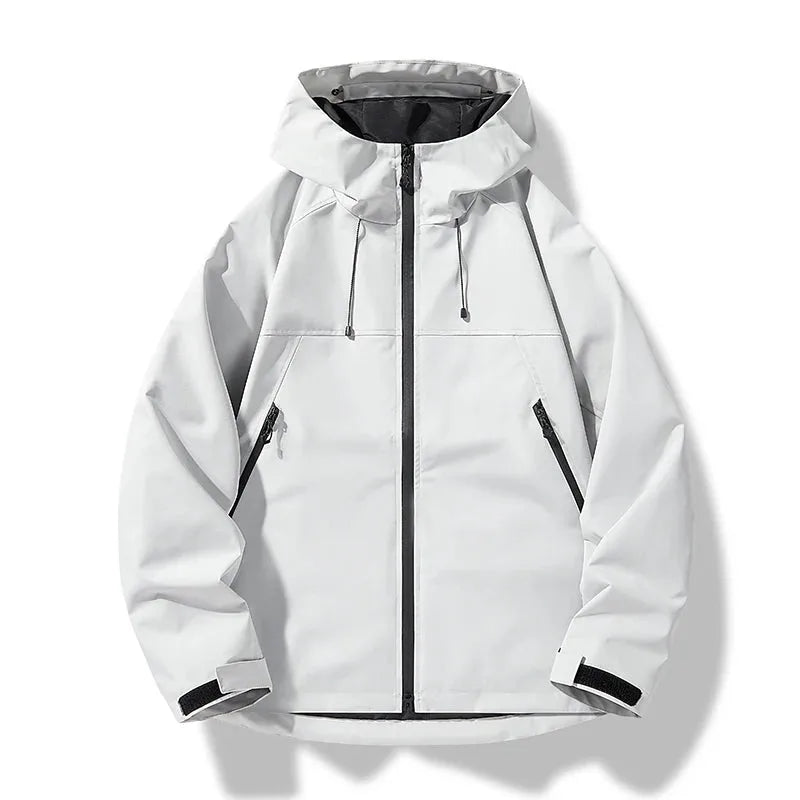White hooded shell jacket with full-length zip, contrast tape and two zipped chest pockets, front view