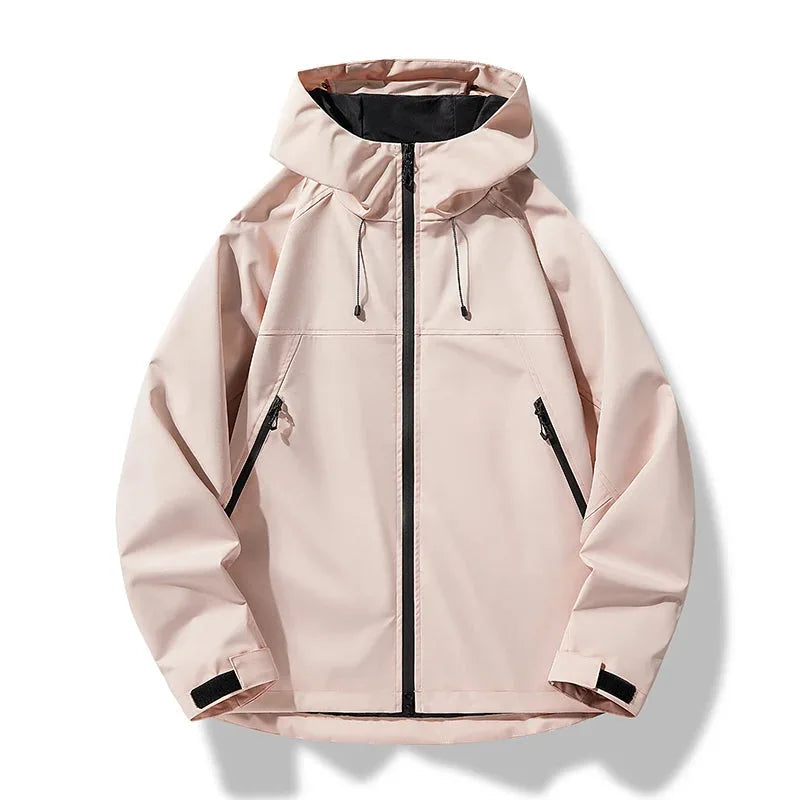 Pale pink hooded shell jacket with zipped side pockets and contrasting dark zip pulls