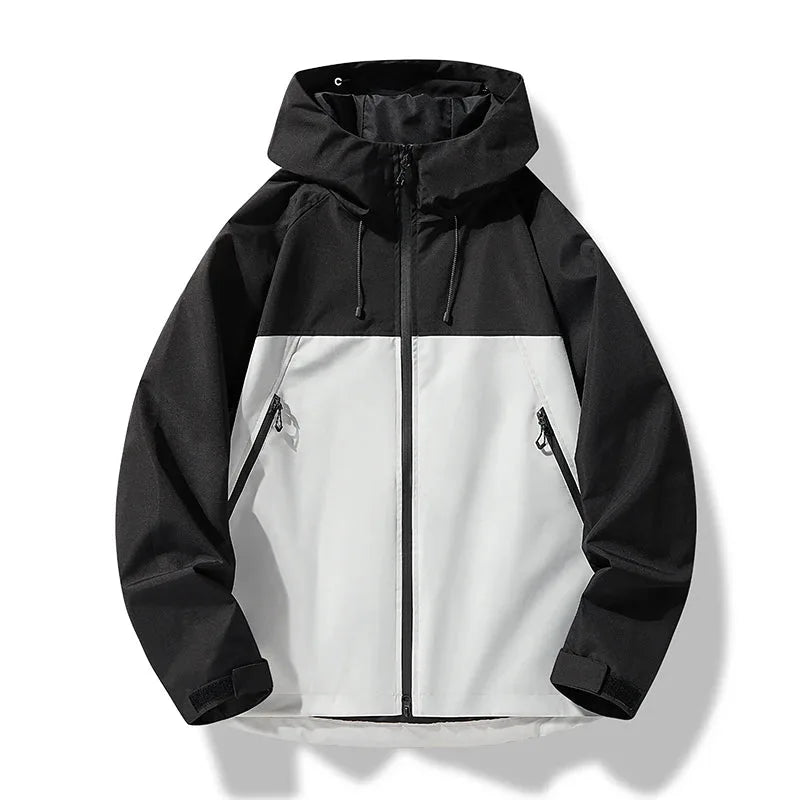Black and white colour-block hooded jacket with full zip and taped seams, front laid flat