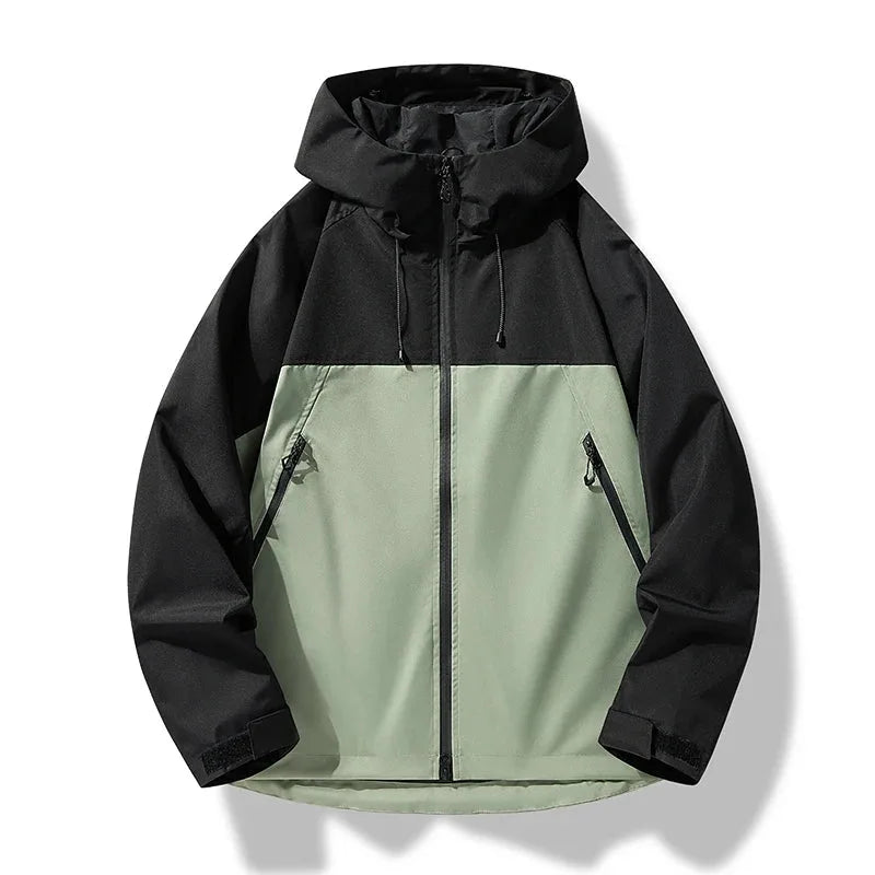 Black and sage green colour-block hooded shell jacket with drawstring hood and zipped pockets