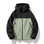 Black and sage green colour-block hooded shell jacket with drawstring hood and zipped pockets