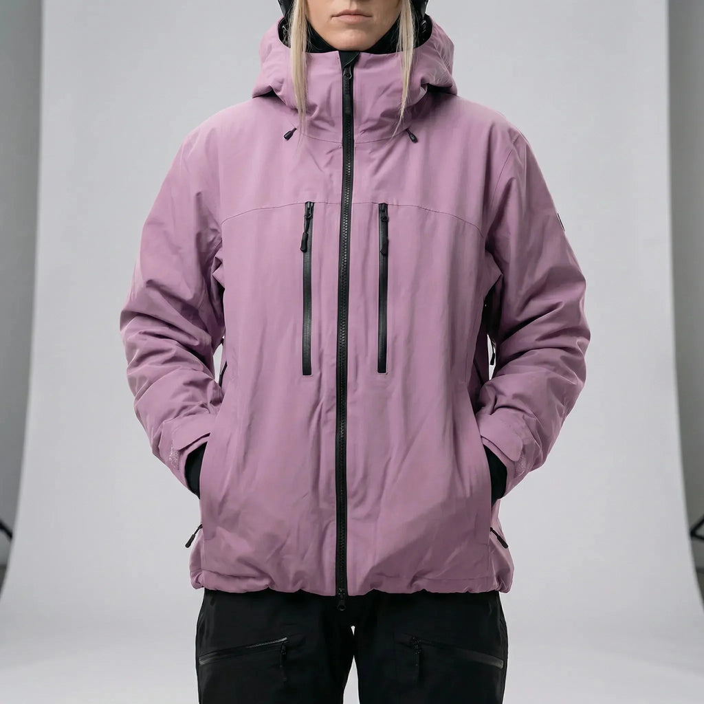 Front view of the jacket in dusty pink with hood up, chest pockets and centre zip clearly visible