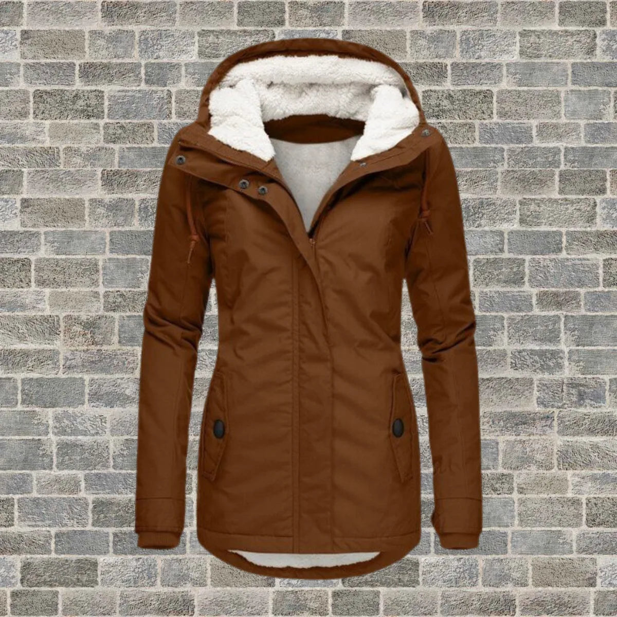 Brown hooded winter coat with cream faux fur lined hood and front patch pockets with button flaps