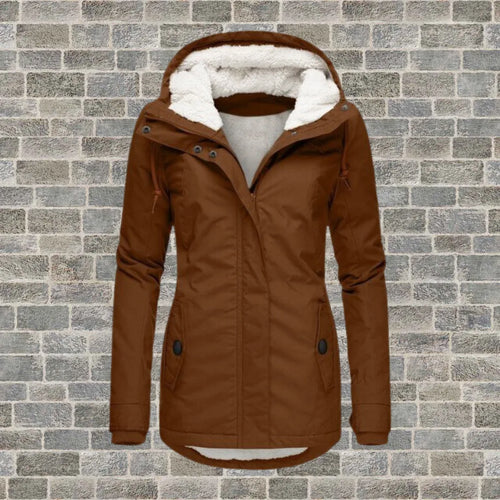 Brown hooded winter coat with cream faux fur lined hood and front patch pockets with button flaps