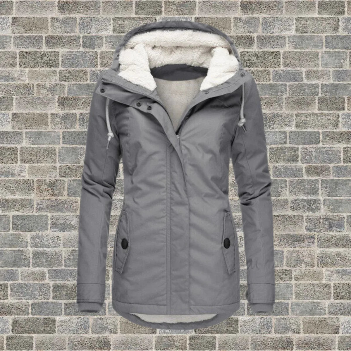 Grey hooded winter coat with sherpa fleece lining, drawstring hood and zip closure