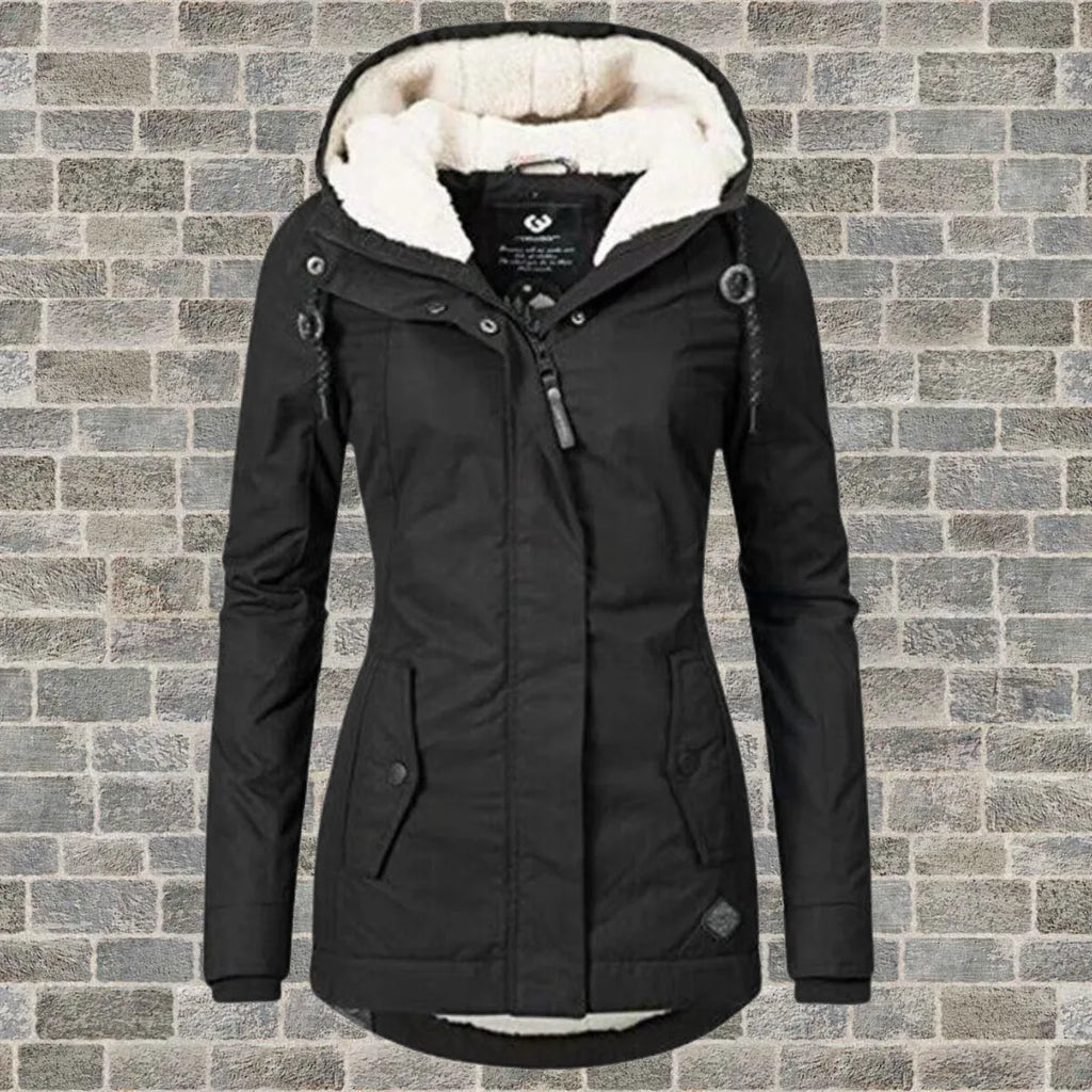 Black hooded winter coat with cream fleece lined hood, front zip and buttoned flap pockets