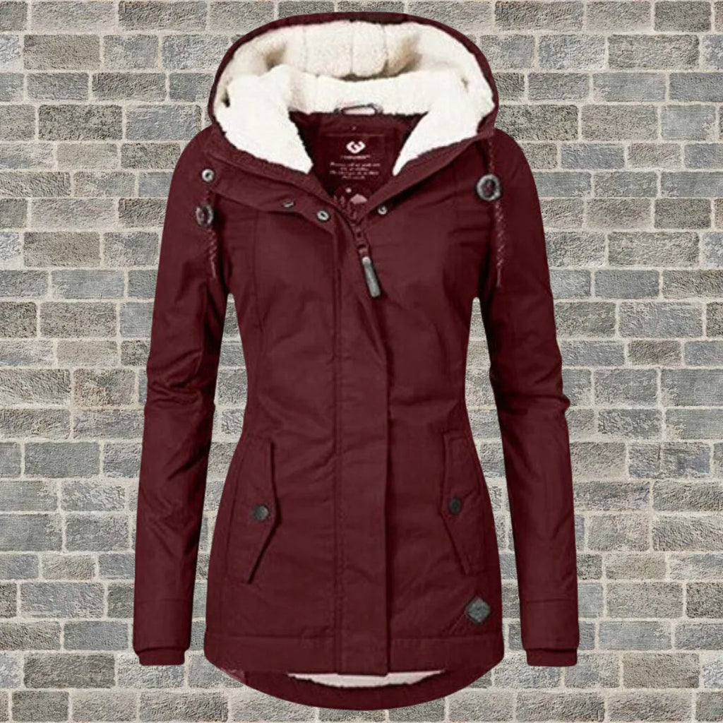 Burgundy red wine hooded winter coat with cream fleece lining and branded diamond patch on hem
