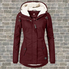 Burgundy red wine hooded winter coat with cream fleece lining and branded diamond patch on hem