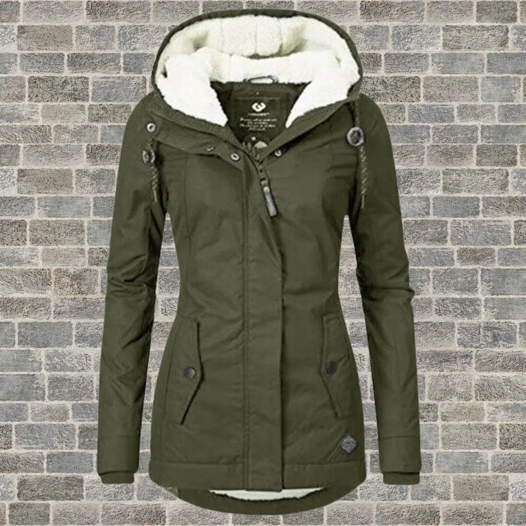 Army green hooded winter coat with cream fleece lined hood and braided drawstring toggles