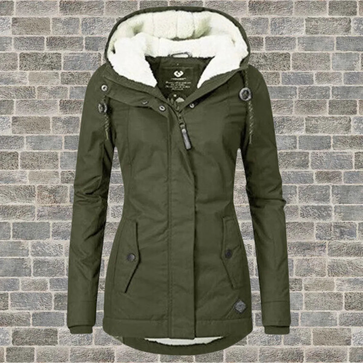 Army green hooded winter coat with cream fleece lined hood and braided drawstring toggles