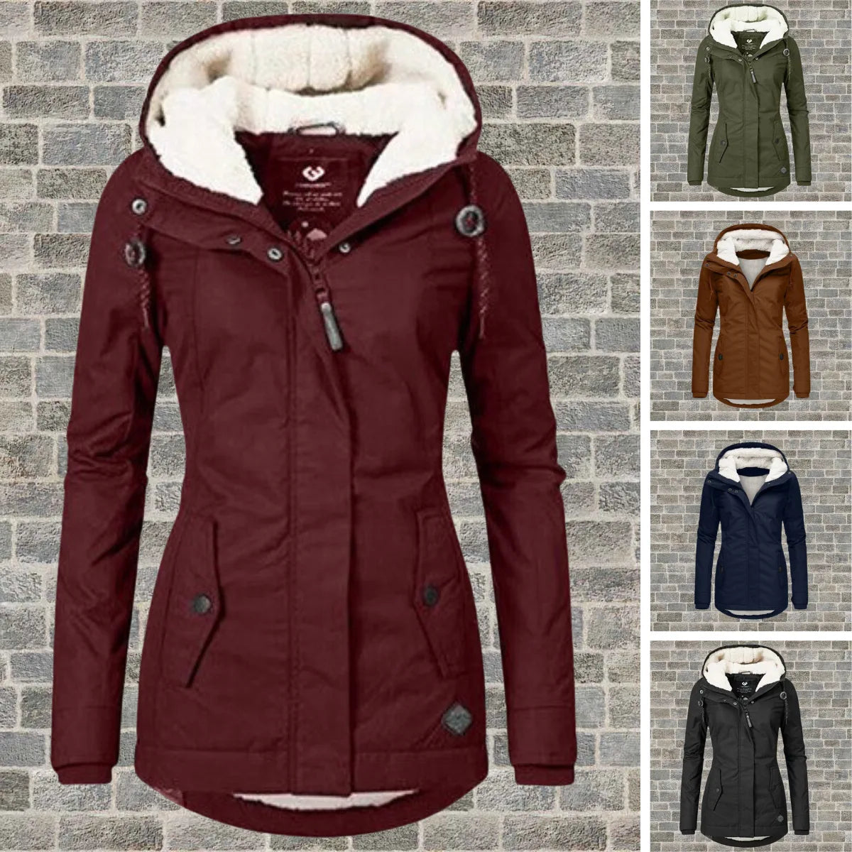 Burgundy coat main view with four small thumbnail images showing army green, brown, navy and black colourways