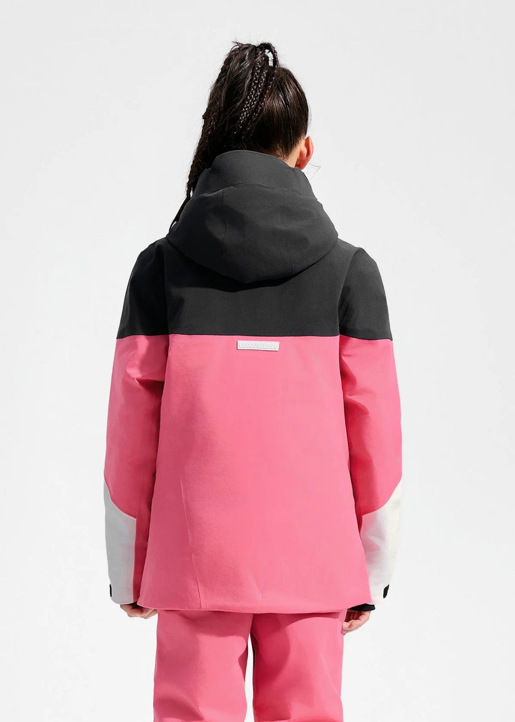 Close-up of the jacket's front zip placket showing storm flap and inner lining texture