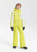 Full-length front view of the lime yellow and white colour-block ski jacket paired with matching ski trousers