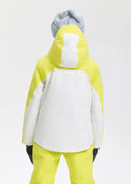 Back view of the ski jacket showing the white and yellow colour-blocked hood and rear panel
