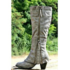 Close-up side angle of grey suede-look knee-high boot highlighting the zip pull, lace inset and chunky heel