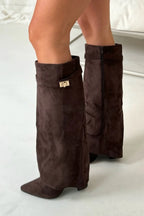 Front and back view of dark brown suede knee-high flap boots with gold buckle on cuff