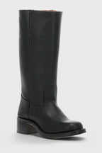 Front view of a single yellow leather knee-high boot standing upright showing the sleek leg shaft