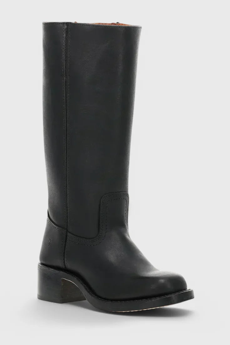 Front view of a single yellow leather knee-high boot standing upright showing the sleek leg shaft