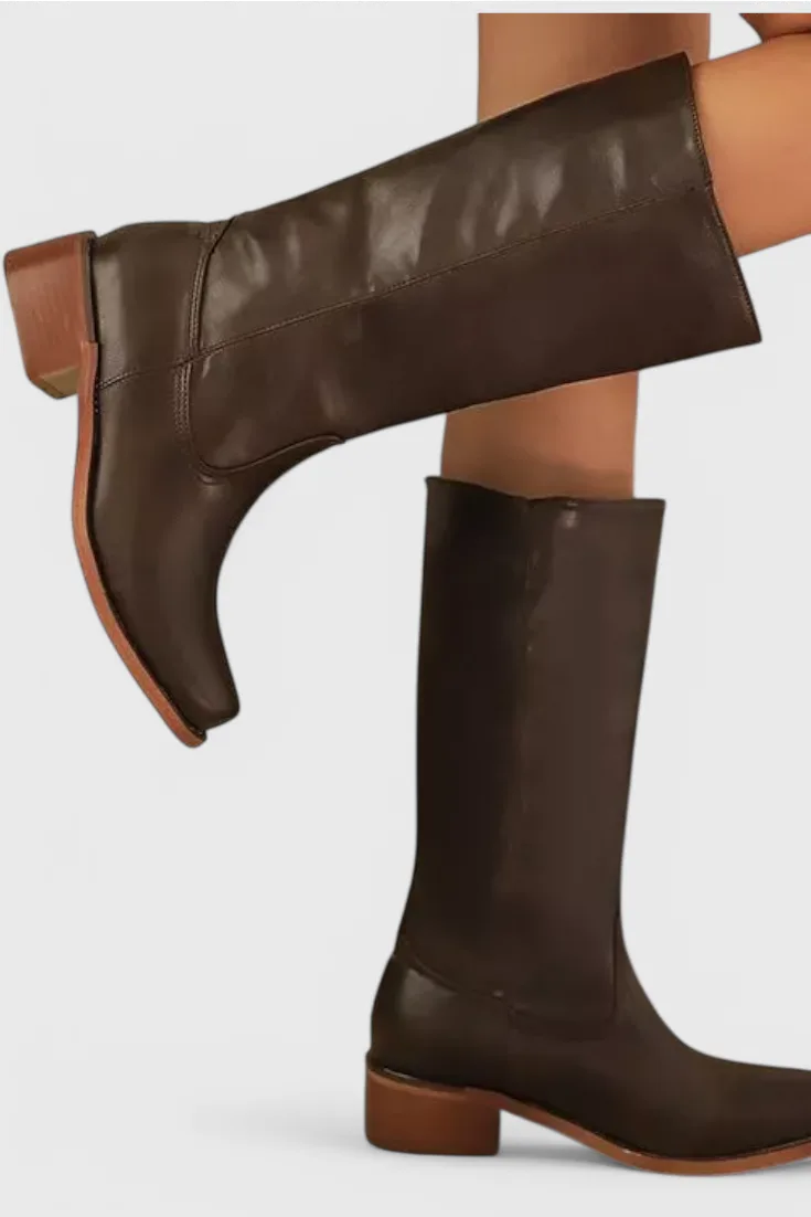 Side profile of a dark brown knee-high leather boot showing the pointed toe and low block heel