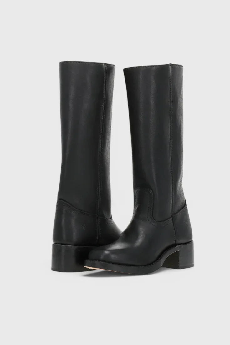 Front pair view of black leather knee-high boots with a squared toe and chunky low heel