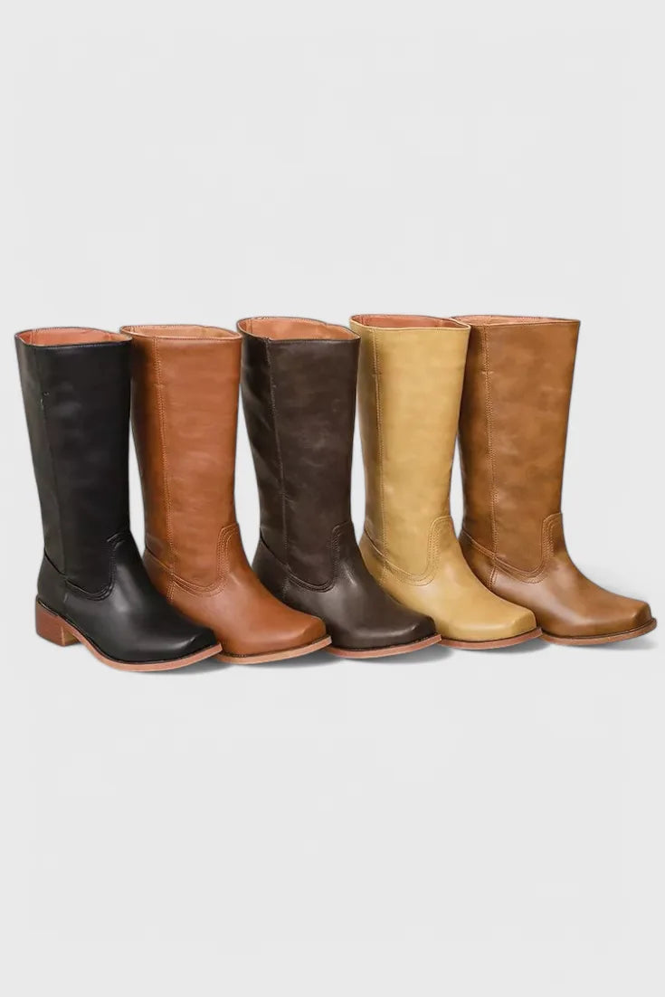 Five colourways lined up together, showing black, tan, dark brown, yellow and light brown knee-high boots