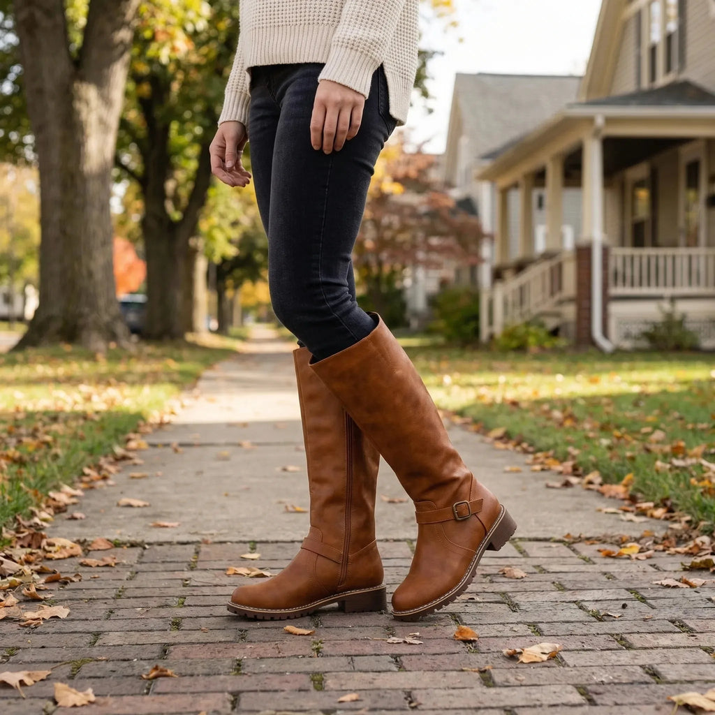 Woman wearing tan brown knee-high riding boots with jeans and a knitted jumper on a paved path