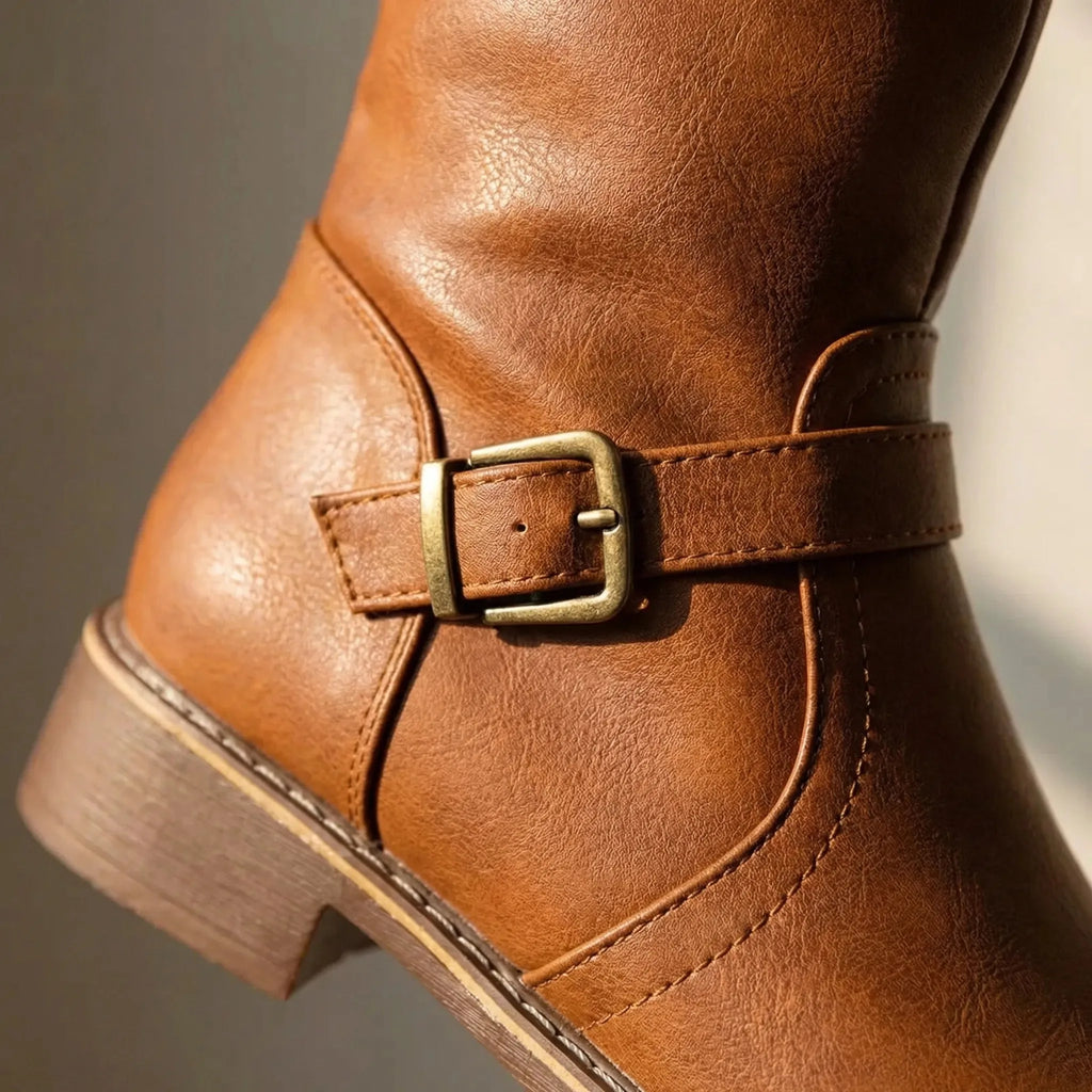Close-up of the bronze buckle and ankle strap detail on a tan brown knee-high riding boot