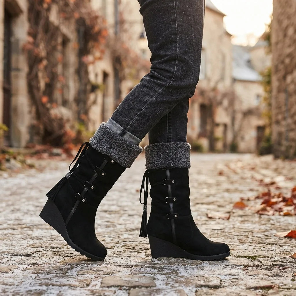 Close-up of model walking in black knee-high boots with folded grey cuff on cobbled street