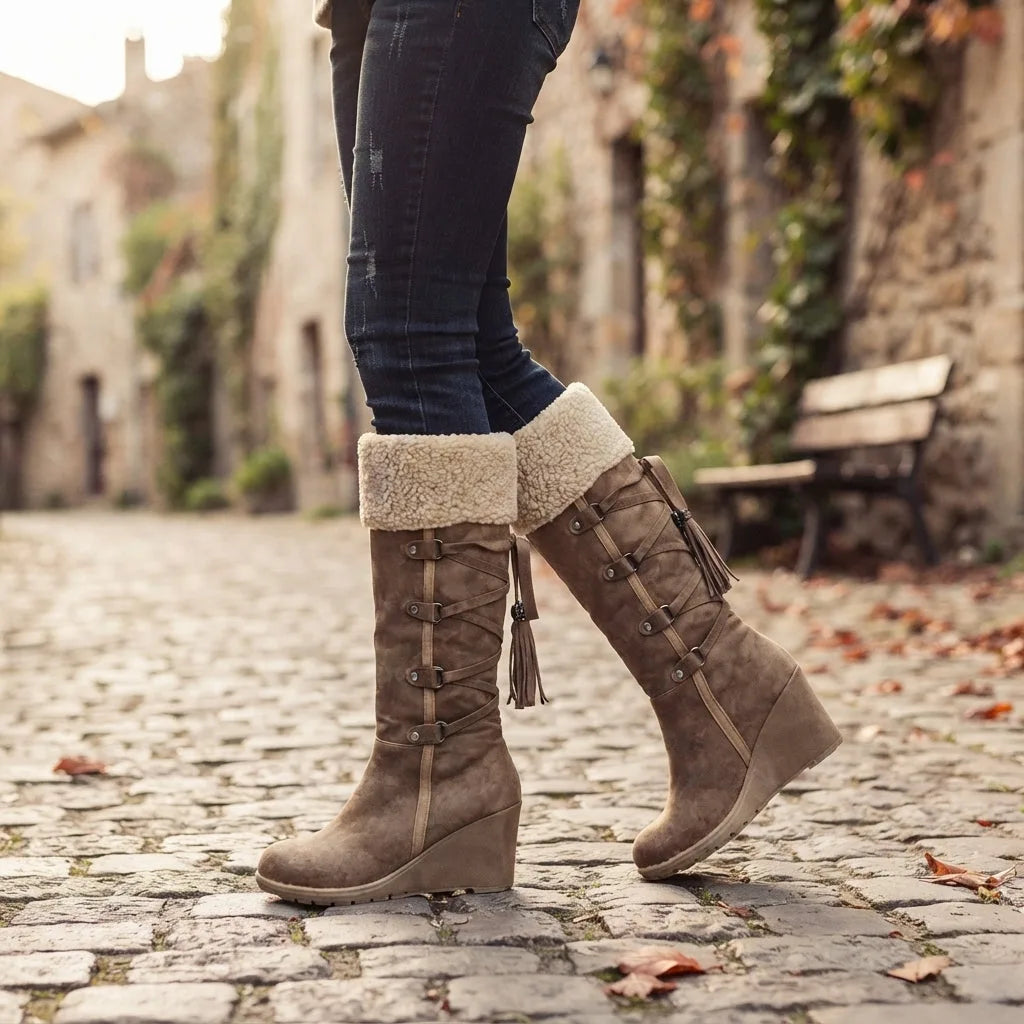 Close-up of model walking in light brown boots with folded cream cuff and wedge sole