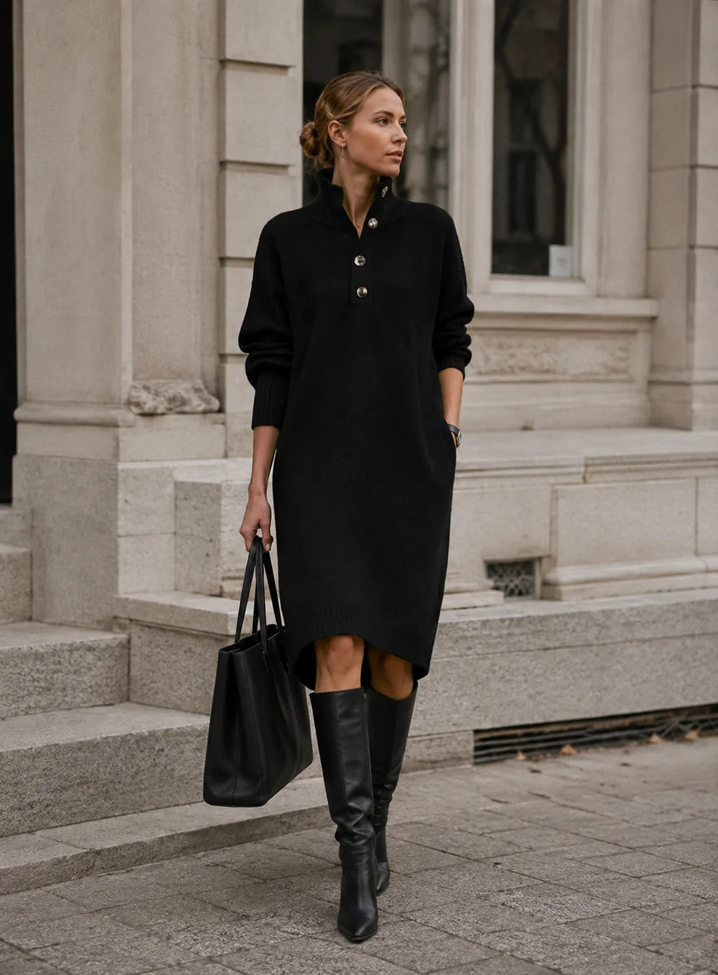 Front view of a black knit midi jumper dress with ribbed button collar, paired with knee-high black leather boots and a tote bag.