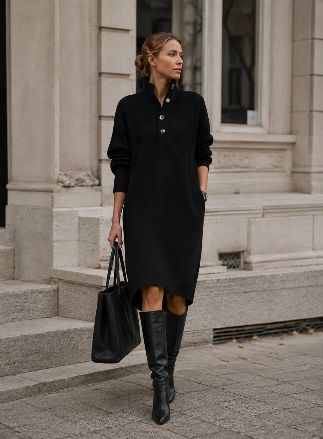 Front view of a black knit midi jumper dress with ribbed button collar, paired with knee-high black leather boots and a tote bag.