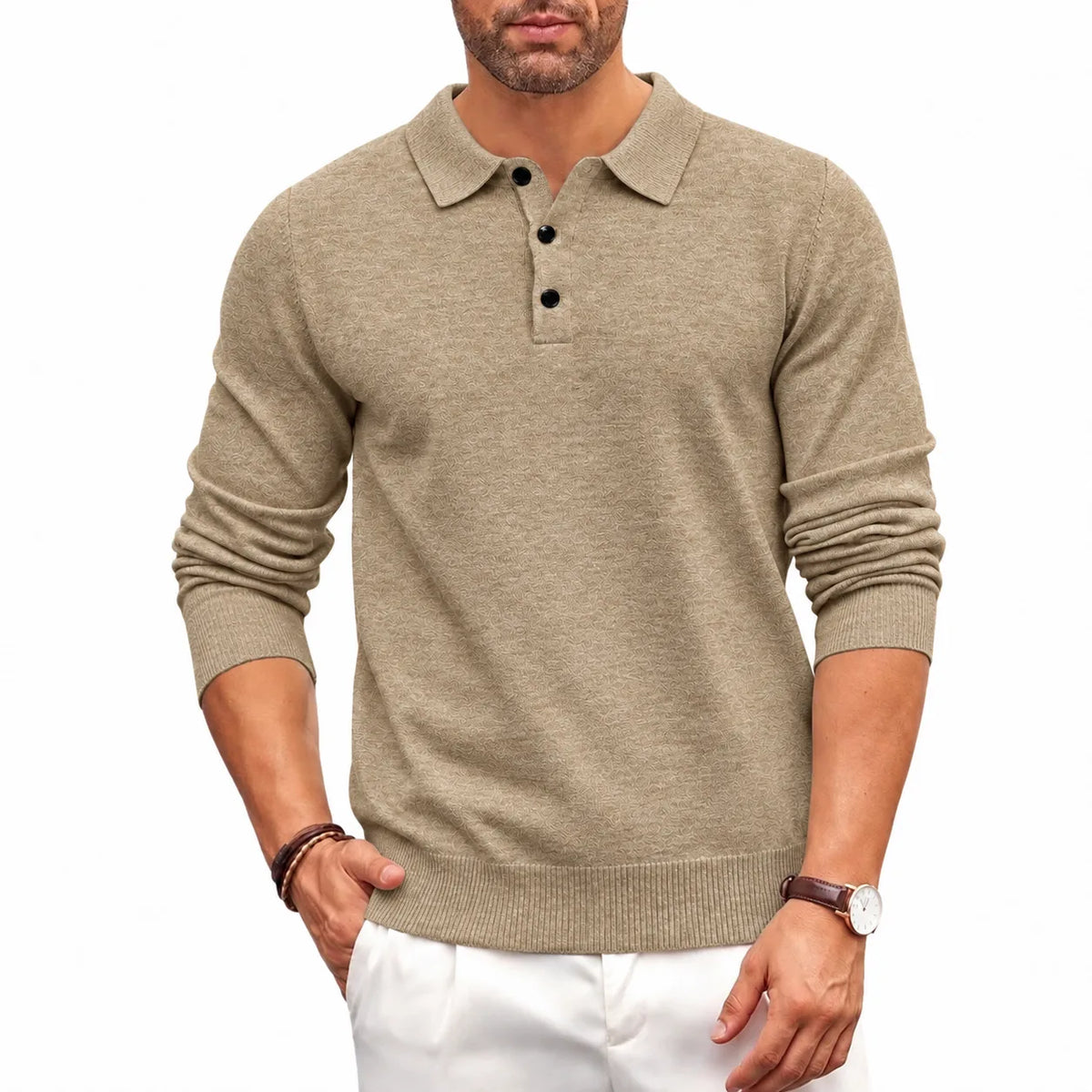Front view of a beige knitted polo jumper with ribbed shirt collar and three-button placket, worn with white trousers