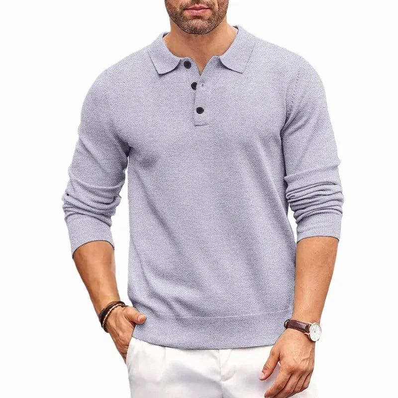 Light grey knitted polo jumper with shirt collar and button front, shown from the front