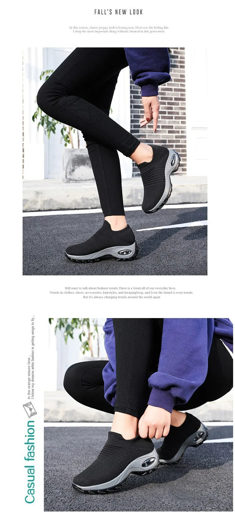 Pair of black knitted slip-on trainers shown together highlighting the platform sole and tread pattern