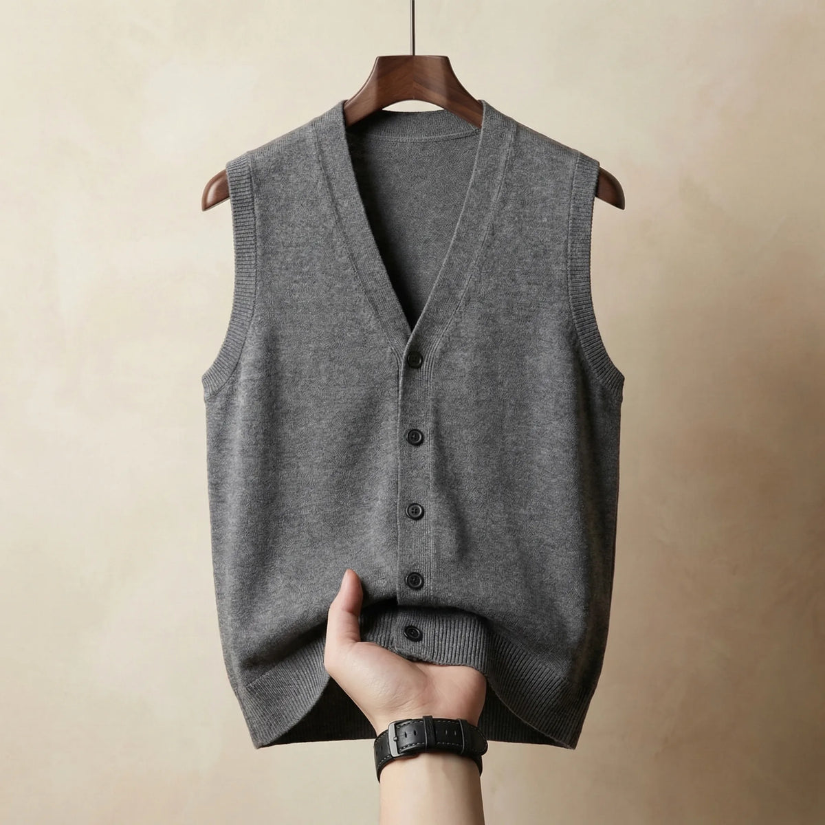 Light grey knitted waistcoat held open at the hem by hand, showing the ribbed trim and button placket