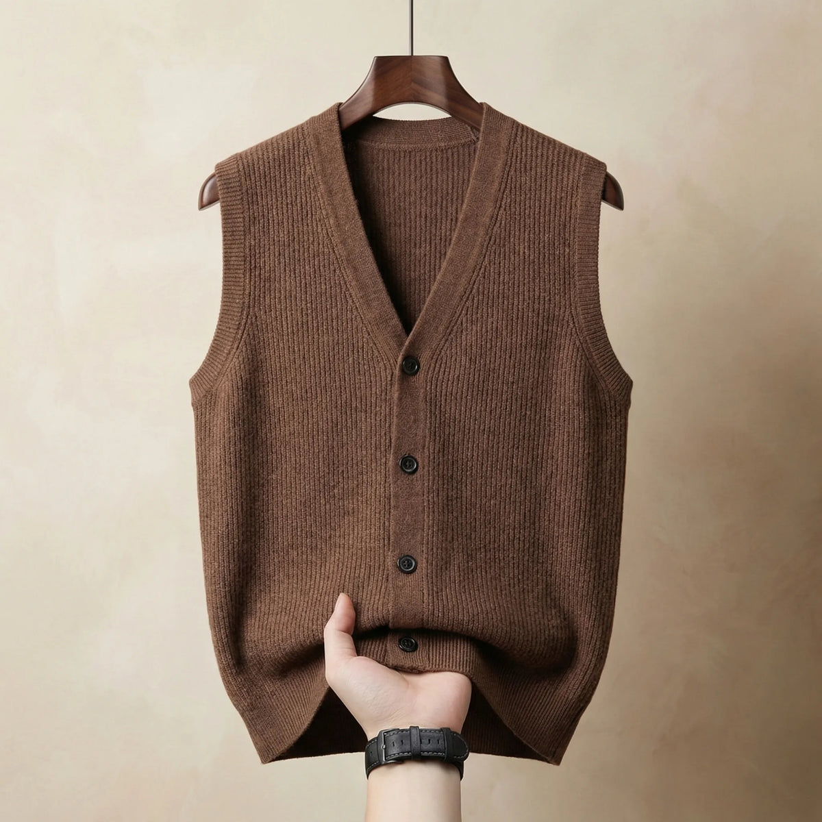 Brown ribbed-knit waistcoat with dark buttons, hand pulling the hem to show drape and knit texture