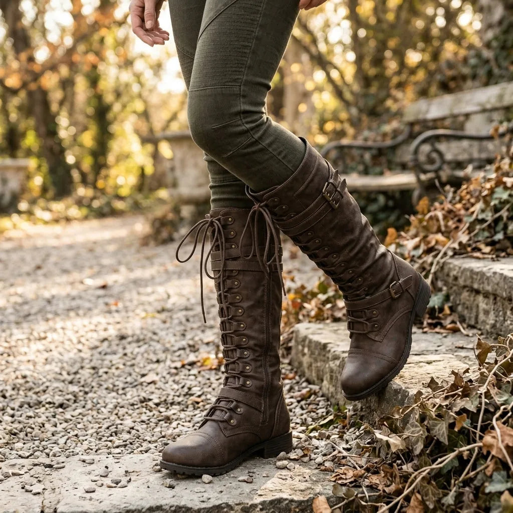 Close-up of model wearing brown lace-up knee-high boots outdoors on a stone step in autumn