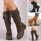 Collage of the knee-high lace-up boots shown from multiple angles in black, dark brown and tan colourways.