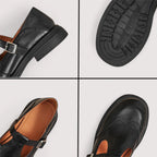 Four detail close-ups of the black Mary Jane shoe showing the buckle strap, tread sole, insole and rounded toe