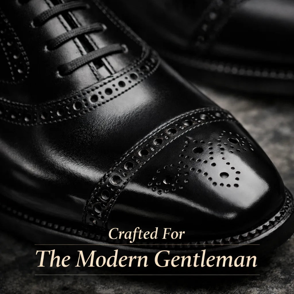 Close-up of a black leather oxford brogue toe cap showing perforated detailing and polished finish, with a styling caption overlay