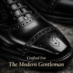 Close-up of a black leather oxford brogue toe cap showing perforated detailing and polished finish, with a styling caption overlay