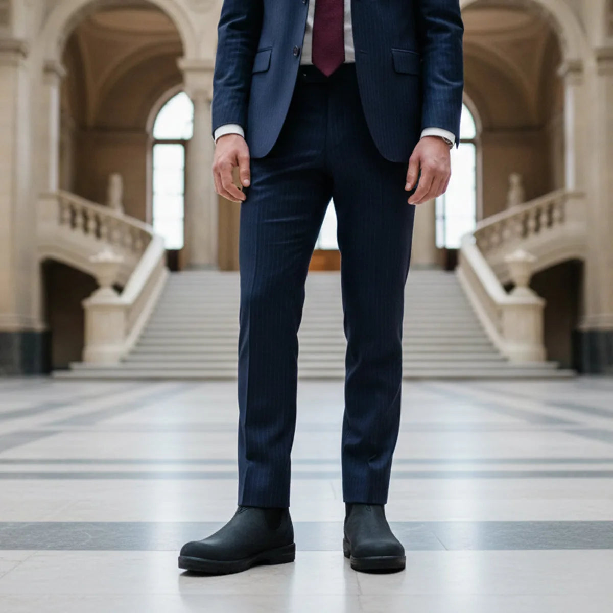 Side profile of a black Chelsea boot highlighting the elastic gusset and slip-on silhouette