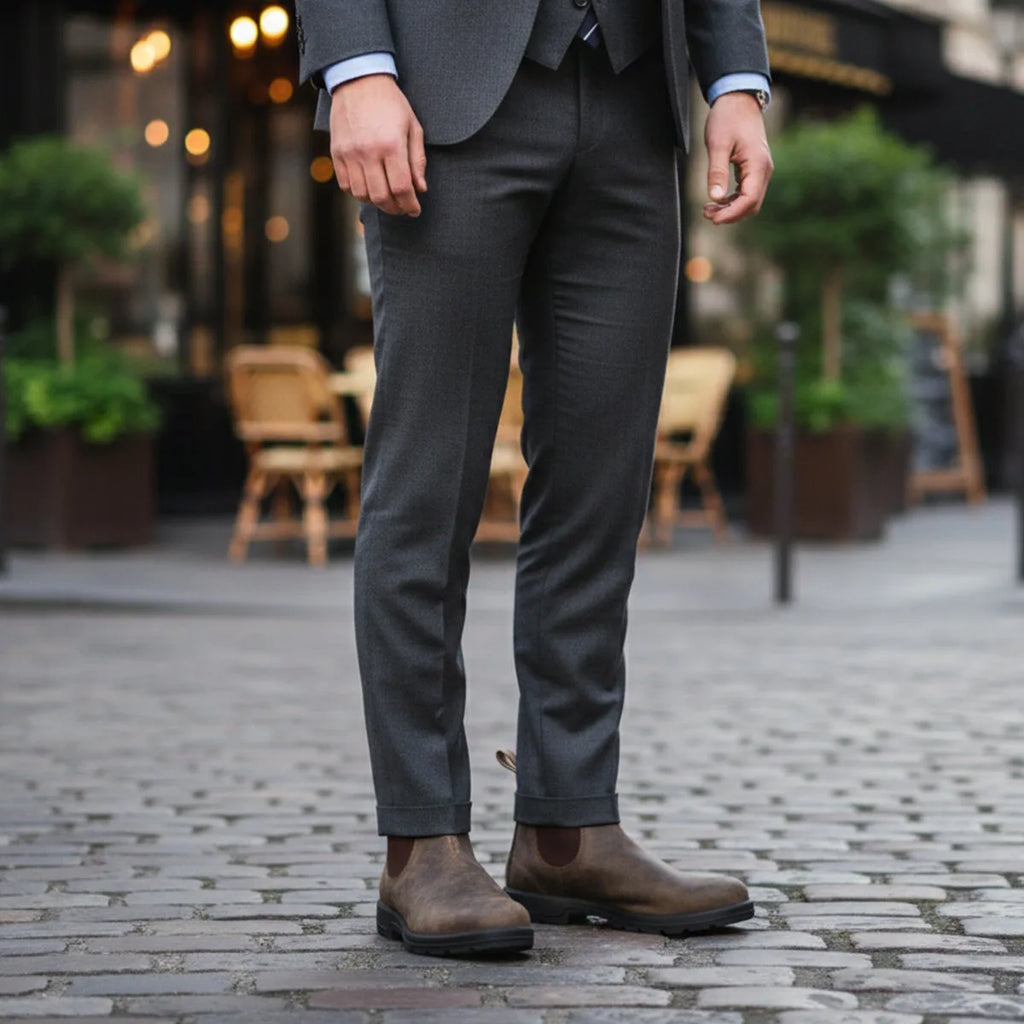 Front angle of a brown leather Chelsea boot showing stitched seams and pull loops